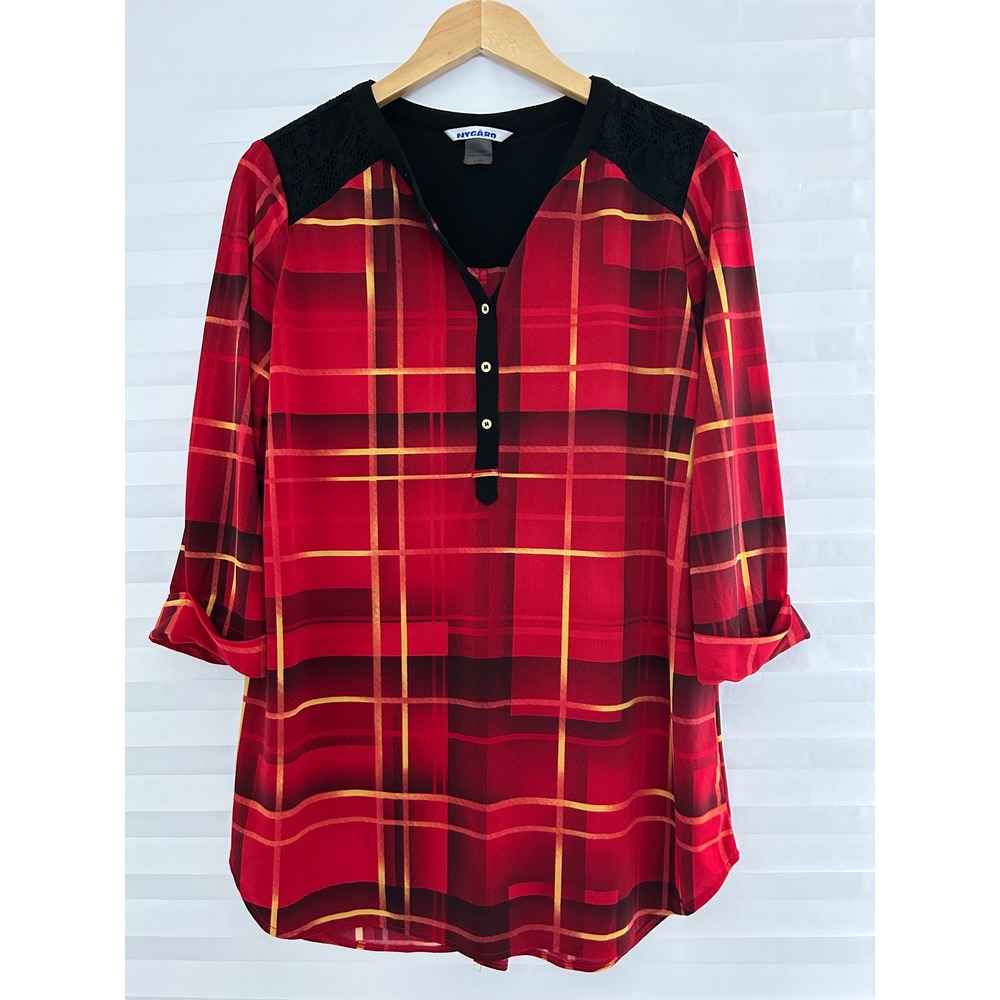 Nygard Womens Red Plaid Lace Shoulder Tunic Top‎ 3/4 Sleeve Size L Slit Back